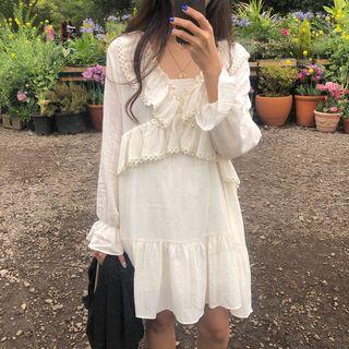 Ruffled-trim Plain Dress Milky White - One Size