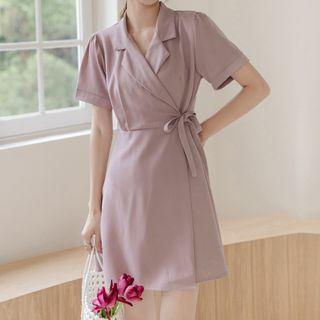 Short Sleeve Notch Lapel Wrapped A-line Dress