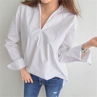 Open-placket Plain Cotton Shirt