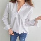 Open-placket Plain Cotton Shirt