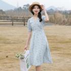 Short-sleeve Floral A-line Dress Blue & White - One Size