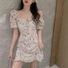 Flower Print Short-sleeve Ruched Mini A-line Dress