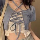 Ruffle Hem Cropped Camisole Top / Short-sleeve Lace Up Cropped T-shirt