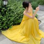 Spaghetti-strap Maxi A-line Dress Lemon Yellow - One Size