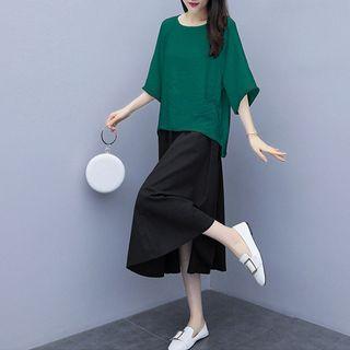 Plain Elbow-sleeve Blouse / Midi A-line Skirt / Cropped Wide-leg Pants / Set