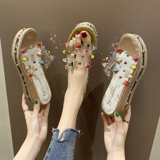 Embellished Transparent Wedge Platform Slide Sandals