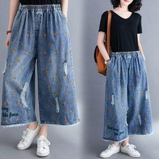 Floral Embroidered Ripped Wide Leg Jeans