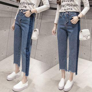 Color Panel Fray Hem Cropped Jeans