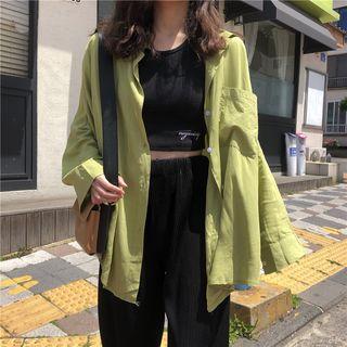 Plain Oversize Long-sleeve Shirt Green - One Size