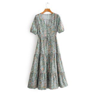 Floral Print Short-sleeve V-neck A-line Midi Dress