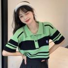 Short-sleeve Collar Striped Cropped T-shirt Stripes - Green & Black - One Size