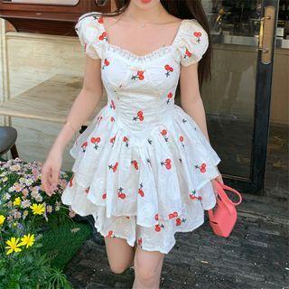 Puff-sleeve Cherry Embroidered Layer Mini Dress