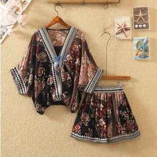 Set: Printed Elbow-sleeve Chiffon Blouse + Printed Shorts