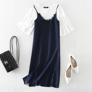 Set: Elbow-sleeve T-shirt + Spaghetti Strap Mesh Panel Midi Dress
