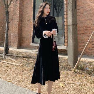 Long-sleeve Lace Cuff Velvet Midi A-line Dress