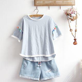 Set: Tassel Short-sleeve T-shirt + Denim Shorts