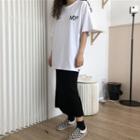 Elbow-sleeve Print T-shirt / Slit Midi Skirt
