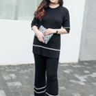 Set: Elbow-sleeve Knit Top + Wide Leg Knit Pants