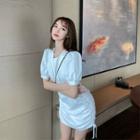 Plain Puff-sleeve Drawstring Cutout Mini Sheath Dress