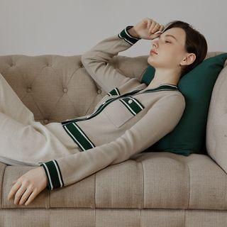 V-neck Piped Faux-pearl Cardigan
