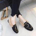 Square-toe Furry-trim Buckled Studded Loafers