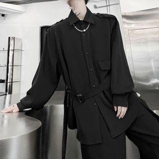 Long Sleeve Belted Plain Shirt