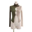 Long-sleeve Color Block Mock-neck Cutout Knit Top Green & Off-white - One Size
