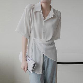 Asymmetrical Short-sleeve Shirred Shirt