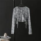 Long-sleeve Tie Dye Cropped T-shirt Grayish Green - One Size