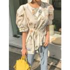 Puff-sleeve Drawstring Printed Top