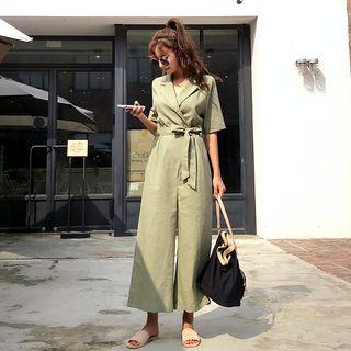 Open-placket Wide-leg Jumpsuit With Sash