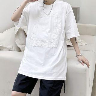 Elbow-sleeve Frayed Panel T-shirt