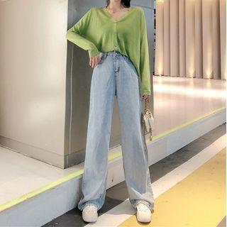 Set: Plain Loose-fit Cardigan + Straight Leg Jeans