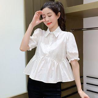 Puff-sleeve Ruffle Plain Shirt