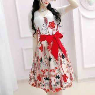 Embroidered Panel Tie-waist Short-sleeve Midi A-line Dress