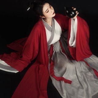 Hanfu Set Of 3 : Red Long-sleeve Long Coat + Cross-collar Long-sleeve Top + Semi-body Maxi Skirt