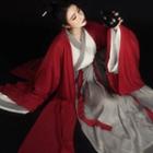 Hanfu Set Of 3 : Red Long-sleeve Long Coat + Cross-collar Long-sleeve Top + Semi-body Maxi Skirt