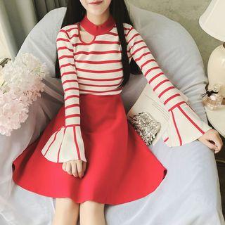 Bell-sleeve Striped Panel A-line Knit Dress