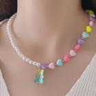 Faux Pearl Bear Necklace Pink & Purple & White - One Size