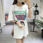 Lettering Drawstring Elbow-sleeve T-shirt Dress