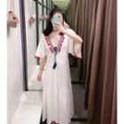 Tassel Trim V-neck Elbow-sleeve Midi A-line Dress