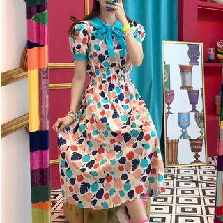 Puff-sleeve Ribbon Patterned A-line Midi Dress