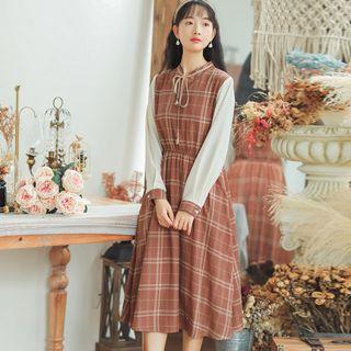 Plaid Panel Midi A-line Chiffon Dress