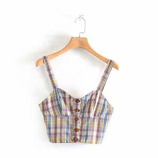Plaid Buttoned Cropped Camisole Top