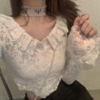 Long-sleeve Frill Trim Cropped Lace Blouse