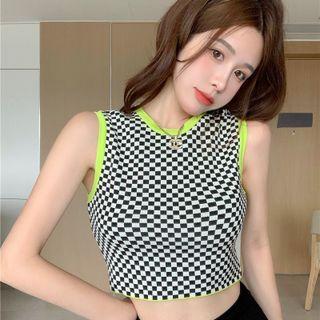 Checkered Crop Tank Top Neon Green Trim - Black & White - One Size