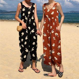 Flower Print Sleeveless Jumpsuit / Light Jacket