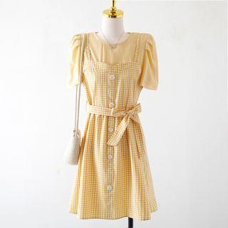 Two Tone Plaid Button-up A-line Mini Dress