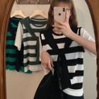 Mock Two-piece Shawl Collar Striped T-shirt