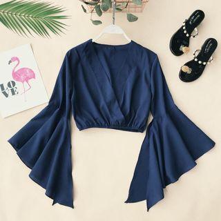 Bell-sleeve V-neck Cropped Blouse